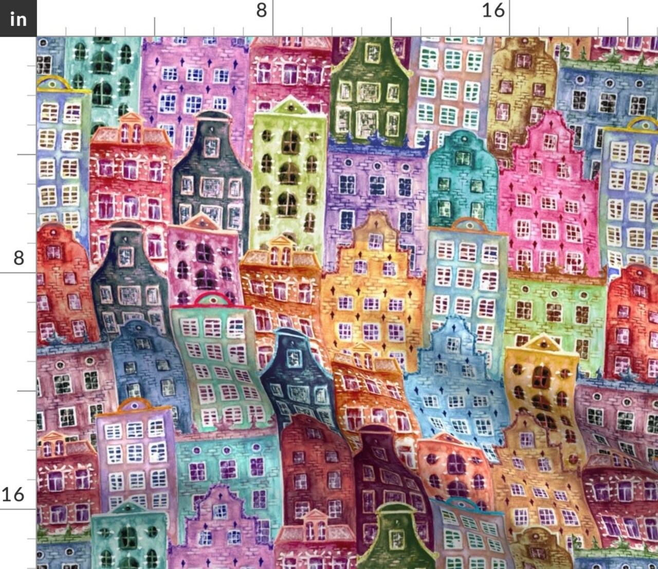 Watercolor City Town Architecture Custom Printed Fabric by Spoonflower Various Fabrics by the Yard or Fat Quarter